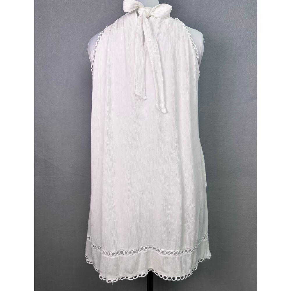 La Blanca White High Neck Cover Up Dress Crochet Trim Crinkle Fabric Size Small - Picture 4 of 10